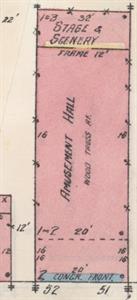 A simple floorplan of the Amusement Hall, showing the auditorium and stage.