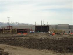 The walls of the Cinemark at Station Park, with retail space being framed on the left side of the entrance. - , Utah