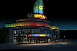 Architectural rendering of the Megaplex 13 exterior at night