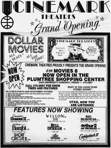 Grand Opening ad for the Cinemark Movies 8.  Opening films were Willow (THX), Crocodile Dundee II, Big Business, Bambi, Bull Durham, Arthur 2 On the Rocks, Short Circuit 2, The Great Outdoors, and Caddyshack II.