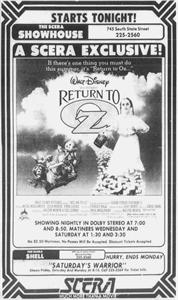 Opening night advertisement for the film 'Return to Oz' at the SCERA Showhouse. - , Utah