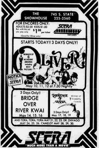 A 'Starts Today!!' advertisement for Oliver! at the SCERA Showhouse.  Other films in the series are listed with their dates. - , Utah