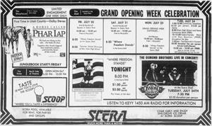 Newspaper advertisement for the Grand Opening Week of the SCERA Shell, with activities on Friday, Saturday, Monday, and Tuesday.  The ad also 'Phar Lap' at the SCERA Showhouse, and the SCERA Scoop, 'Where you'll taste a difference'.