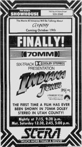 Advertisement for 'Indiana Jones and the Temple of Doom' in 70mm Dolby Stereo. - , Utah
