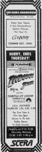 Newspaper advertisement for 'Indiana Jones and the Temple of Doom' in 70mm at the SCERA Showhouse. - , Utah