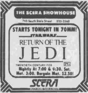 Square newspaper advertisement with the the 'Return of the Jedi' logo and showtimes. - , Utah
