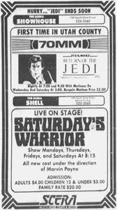 Larger ad for SCERA, with 'Return of the Jedi' at the Showhouse and 'Saturday's Warrior' at the Shell. - , Utah