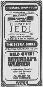 Advertisement with logos and showtimes for 'Return of the Jedi' at the SCERA Showhouse and 'Staturday's Warrior' at the Shell. - , Utah