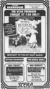 Newspaper advertisement for 'Return to Oz' and 'Amadeus' at the SCERA Showhouse and 'Saturday's Warrior' at the SCERA Shell. - , Utah