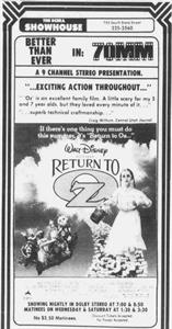 Advertisement for 'Return to Oz' at the SCERA Showhouse, presented in 70MM 9-Channel Stereo. - , Utah