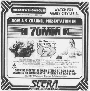 Advertisement for 'Return to Oz' in 70mm at the SCERA Showhouse.