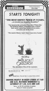 Newspaper advertisement for 'The Black Cauldron' at the SCERA Showhouse.  The presentation format is given as 'Dolby Stereo'. - , Utah