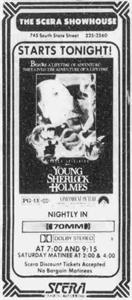 A 'Starts Tonight!' advertisement for 'Young Sherlock Holmes' in 70mm Dolby Stereo at the SCERA Showhouse. - , Utah
