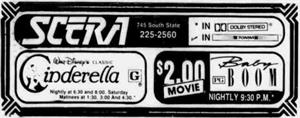 Newspaper ad for Cinderella and Baby Boom at SCERA, both with asterisks next to the showtimes.  The Dolby Stereo and 70MM logos appeared in the top right, next to the SCERA logo. - , Utah
