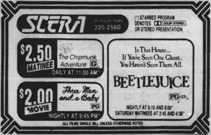 SCERA ad for 'The Chipmunk Adventure', 'Three Men and a Baby', and 'Bettlejuice', all with asterisks next to their showtimes. - , Utah