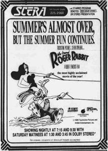 Newspaper ad for 'Who Framed Roger Rabbit' at SCERA, including a graphic of Roger Rabbit and Jessica Rabbit waterskiing. - , Utah