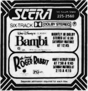 'Bambi' and 'Who Framed Roger Rabbit' at SCERA, with the Six-Track Dolby Stereo logo below the theater's name. - , Utah