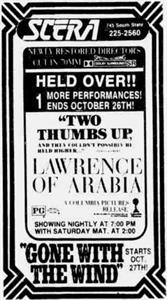 Ad for 'Lawrence of Arabia' at SCERA.  'Held Over!! 1 More Performances!  Ends October 26th!'  'Gone With the Wind' started the next day. - , Utah