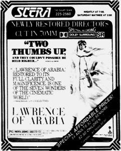 Advertisement for 'Lawrence of Arabia' in 70mm at SCERA, featuring an image of Lawrence in desert garb and quotes from two movie critics. - , Utah