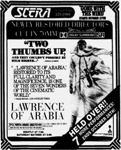 Newspaper advertisement for 'Lawrence of Arabia' at SCERA.  A diagonal banner across the lower right corner reads, 'Held Over!! 7 More Performances.  Ends October 26th!' - , Utah