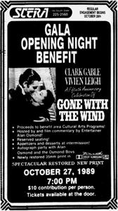 Advertisement for 'Gone With the Wind' at SCERA.  'Proceeds to benefit area Cultural Arts Programs!  Hosted by and film commentary by Entertainer Alan Osmond!  Reserved Seating! Appetizers and desserts at intermission!' - , Utah