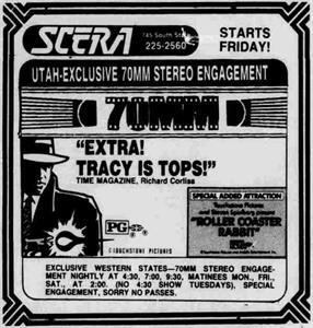 Advertisement for 'Dick Tracy' at SCERA.  'Exclusive Western States -70MM Stereo Engagement.' - , Utah