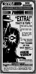 Newspaper advertisement for 'Dick Tracy' in 70MM at the SCERA Showhouse. - , Utah