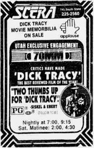 A small ad for 'Dick Tracy' at SCERA, with two critic quotes and the 70mm logo with 'Utah Exclusive Engagement.' - , Utah