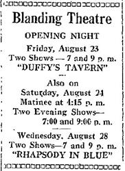 An "Opening Night" ad for the Blanding Theatre, with two showings of <span style='font-style: italic;'>Duffy's Tavern</span> on 23 August 1946. - , Utah