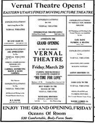 Grand opening advertisement for the Vernal Theatre.