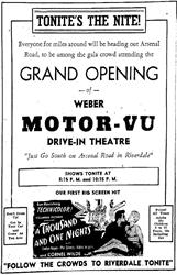 Grand Opening day ad for the Weber Motor Vu Drive-In Theatre.