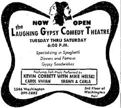 A "Now Open" ad for the Laughing Gypsy Comedy Theatre, "Specializing in Spaghetti Dinners and Famous Gypsy Sandwiches."  The theater was located on the third floor of the Washington Fair. - , Utah
