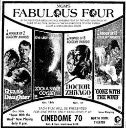 Newspaper advertisement for 'Ryan's Daughter', '2001: A Space Odyssey', 'Doctor Zhivago', and 'Gone with the Wind' at the Cinedome 70. - , Utah