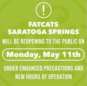 Graphic from the theater's Facebook page.  "FatCats Saratoga Springs will be reopening to the public on Monday, May 11, under enhanced precautions and new hours of operation." - , Utah