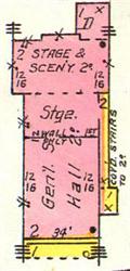 Goff's Opera House on a 1911 Sanborn Fire Insurance Map.  The second-floor hall had 16-foot ceilings and was reached by covered, exterior stairs on the east side of the building.   - , Utah