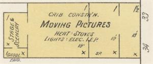 A simple floorplan of a moving pictures building, showing four main sections: the stage, an auditorium, the foyer, and an addition.  To the south of the stage was a room containing a gasoline engine. - , Utah