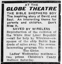 Perhaps the first advertisement for the Globe Theatre in the Ogden Standard Examiner. - , Utah