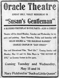 Last advertisement for the Oracle Theatre, showing Violet Mesereau in 'Susan's Gentleman.' - , Utah