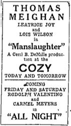 Last ad for the Cozy before S. B. Steck sold the theater to the Ogden Theatre company.  The new owners did not seem to advertise in the newspaper. - , Utah