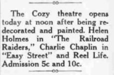 A text ad for the Cozy.  After being purchased by S. B. Steck, the theater was "redecorated and painted." - , Utah