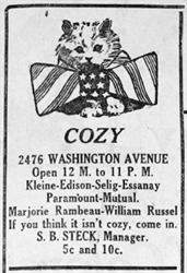 Advertisement for the Cozy in 1917, with S. B. Steck as Manager.  'If you think it isn't cozy, come in.' - , Utah