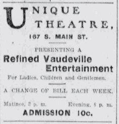 Newspaper ad for the Unique Theatre in 1903 - , Utah