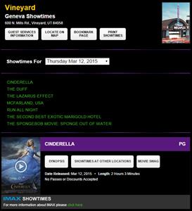 Showtimes for Megaplex at Geneva on Thursday evening, the day before the theater's official opening.  (Desktop web site.) - , Utah