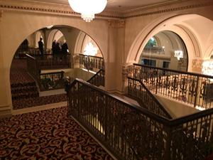 Stairs from the mezzanine to the lobby, on the east side.  A matching staircase is in on the west side. - , Utah