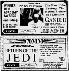 An 'Ends Tuesday' ad for 'Ghandi,' followed by a 'Starts Wednesday' ad for 'Return of the Jedi'. - , Utah
