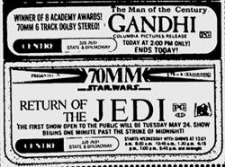 'Return of the Jedi' at the Centre Theatre.  'The first show open to the public will be Tuesday May 24.  Show begins one minute past the stroke of midnight!'  The only showing of 'Ghandi' on Tuesday was at 2:00 PM. - , Utah