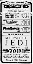 By 3 June 1983, Century switched to showing 'Return of the Jedi' in 70mm on both screens.  This may have been the first 70mm film to show in 70mm in the Century 24 auditorium. - , Utah