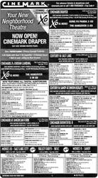 A newspaper advertisement for Cinemark, featuring the opening of the Cinemark Draper. - , Utah