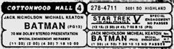 Newspaper ad for the Cottonwood Mall Theatre, with 'Batman' showing in 70mm Dolby Stereo on one screen and in 35mm on two others. - , Utah