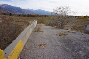 An asphalt lane with a short concrete wall on the left side descends toward an open field.  A short tree grows up through a break in the asphalt. - , Utah
